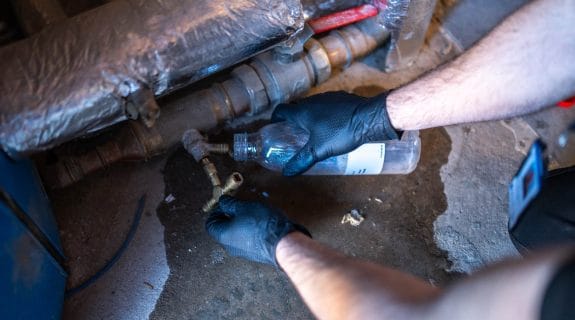 Engineer collecting a water sample during Legionella risk assessment
