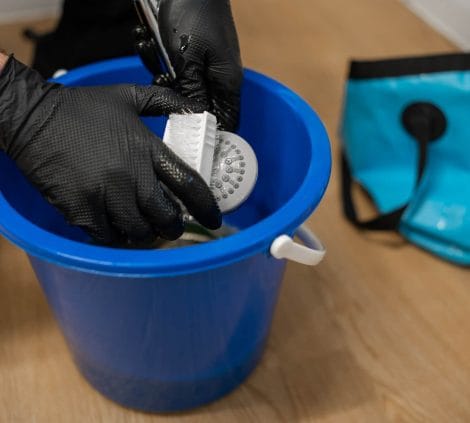 Water hygiene technician chemically cleaning a shower head in a bucket as part of a Legionella control programme
